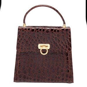 💎✨VERY RARE!💎✨Iconic Auth Salvatore Ferragamo Gancini 2way Croc Embossed Brown